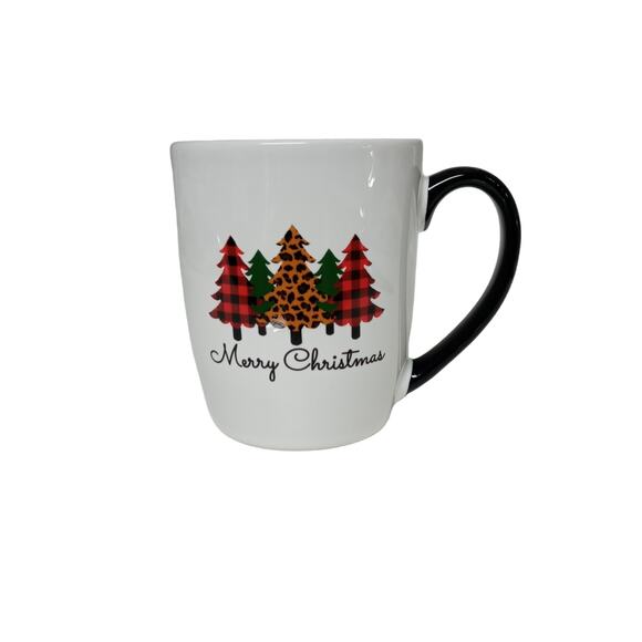 Vintage Christmas Trees Mug Merry Christmas Plaid Red Black Coffee Cup Holiday - Picture 1 of 9